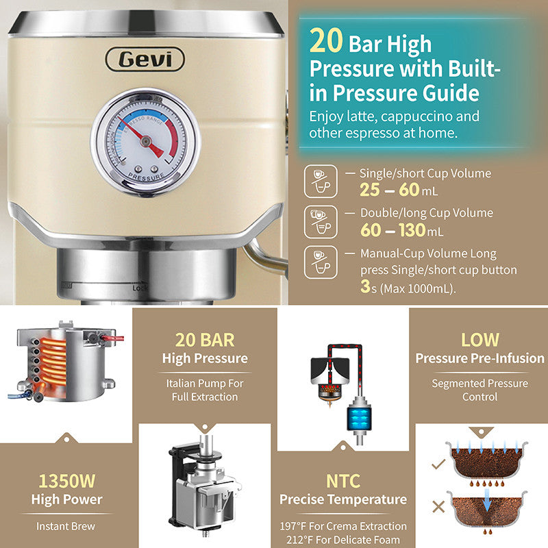 Gevi 20 Bar Compact Professional Espresso Coffee Machine with Gevi Burr Coffee Grinder Set for Latte GECME418E-U+GECGI406B-U7